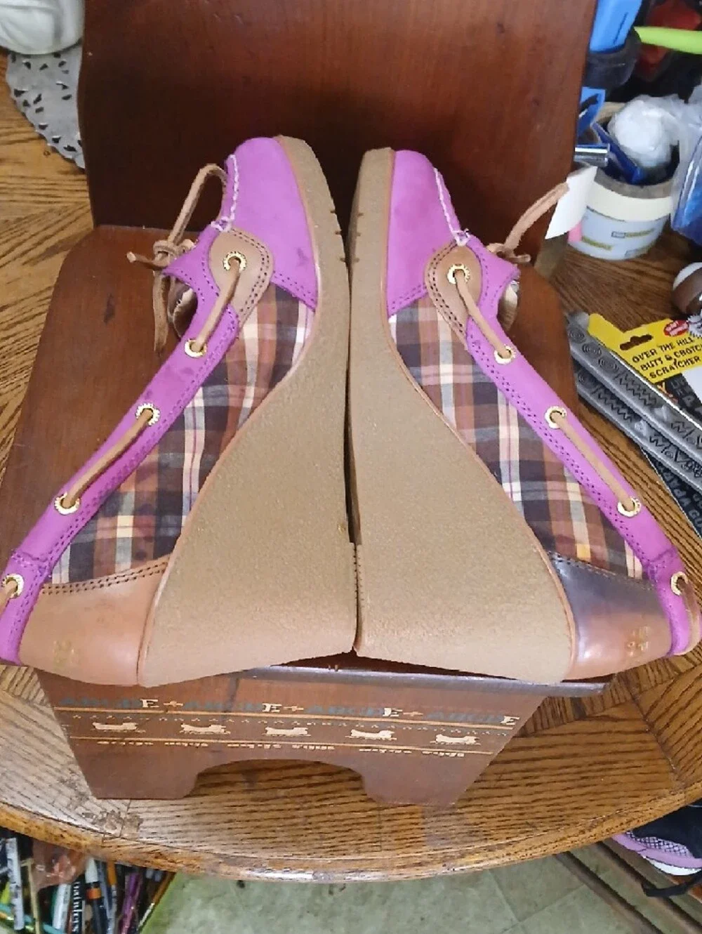 Sperry/topsider,suede Fuscia Plaid Wedge Shoes‎ with Tan Leather-Laces, Sz.8m